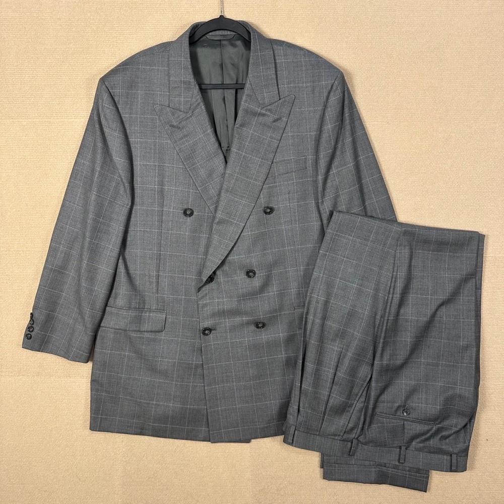 Hickey Freeman Loro Piana Super 120s Tasmanian Wool Suit Men 48L Gray Windowpane
